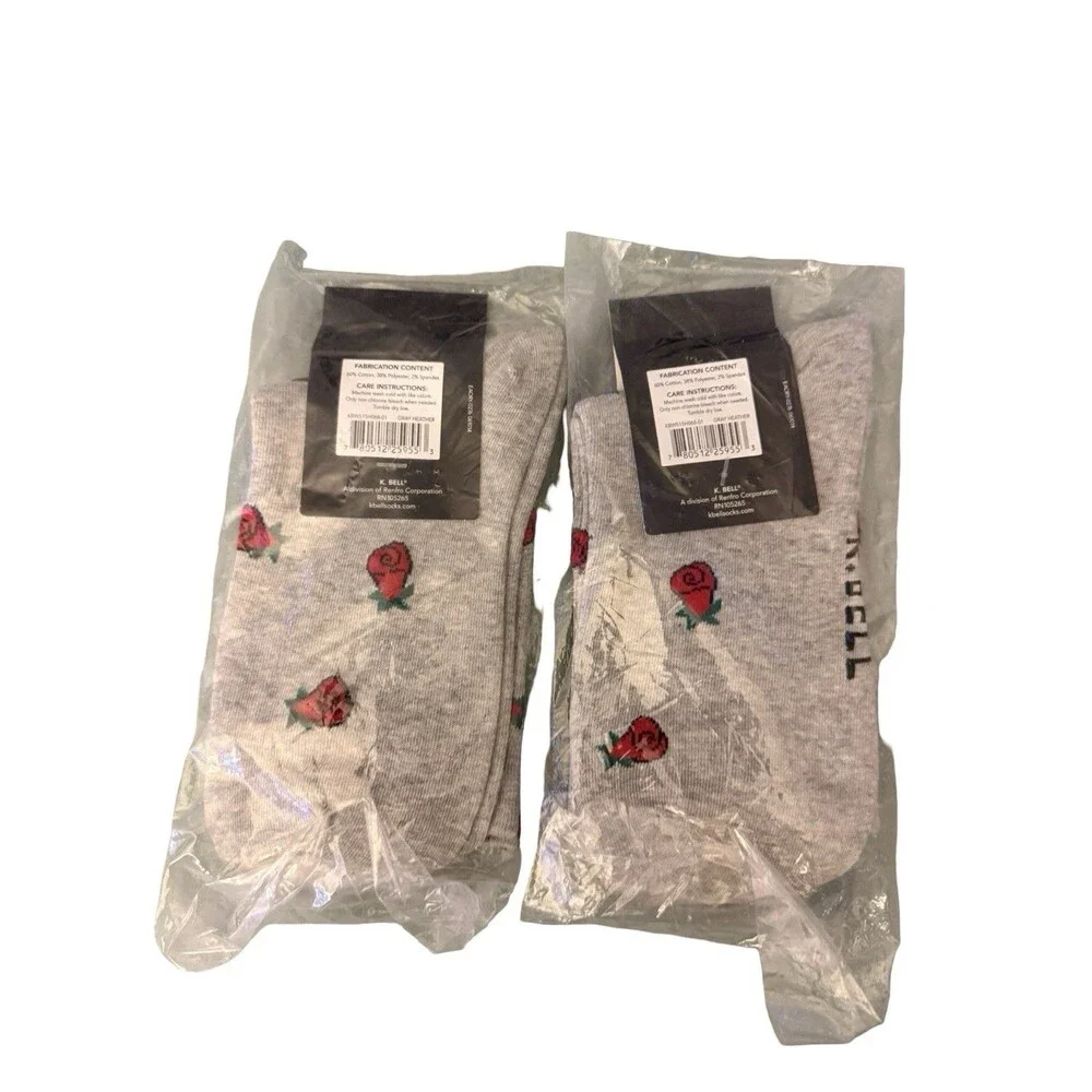 K Bell Womens Crew Socks 2 Pair Lot Cat Roses Gray Novelty Size 8-12 New